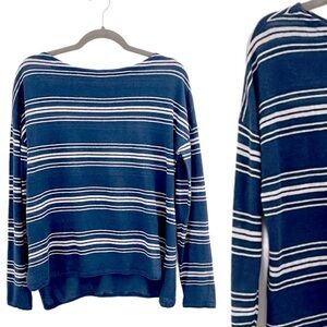 360Sweater 100% Linen Knit Navy White Striped Crew Neck Italian Yarn Sweater S